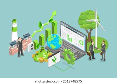 Ilustración vectorial plana isométrica 3D de finanzas verdes, crecimiento y sostenibilidad económica