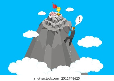 3D Isometric Flat Vector Illustration of Overcoming Obstacles, Climbing towards Mountain Peak