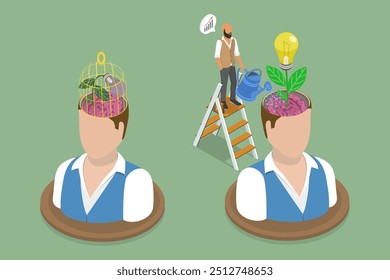 3D Isometric Flat Vector Illustration of Different Mindsets, Embracing Growth Over Fixed Mindset