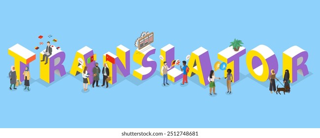 Ilustración vectorial plana isométrica 3D del traductor, servicio de traducción de idiomas
