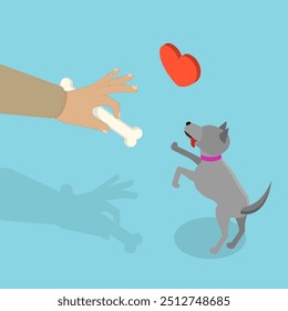 3D Isometric Flat Vector Illustration of Giving Treat To Domestic Animal, Feeding and Adorable Puppy