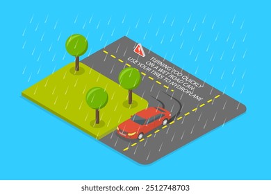3D Isometric Flat Vector Illustration of Rainy And Slippery Road, Tips and Rules for Safe Car Driving