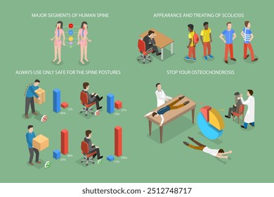 Ilustração de vetor plana isométrica 3D de layout infográfico da postura, quiroprático, tratamento da coluna vertebral, recuperação articular