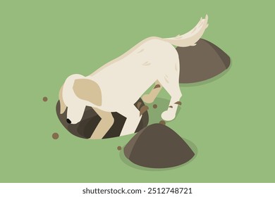 Ilustración vectorial plana isométrica 3D de perro cavando un agujero en la tierra, meneando la cola encarnando la alegría