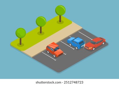 3D Isometric Flat Vector Illustration of Safe Parking Tips , Road Traffic Accident