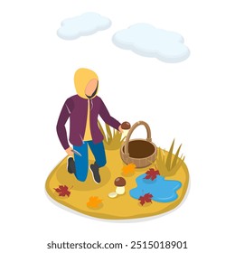 3D Isometric Flat Vector Illustration of Mushroom Picking, Autumn Forest. Item 1