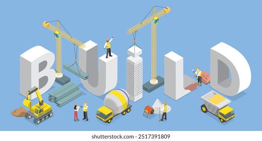 Ilustración vectorial plana isométrica 3D del edificio, del sitio de la construcción y del proceso de trabajo