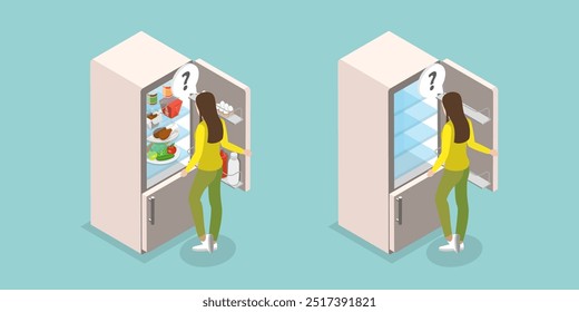 Ilustración vectorial plana isométrica 3D del refrigerador lleno y vacío, muebles y Elementos de la cocina