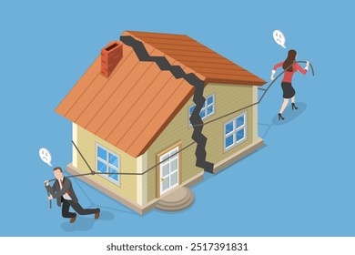 3D Isometric Flat Vector Illustration of Marriage Problems, Family Crisis and Divorce