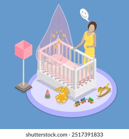 3D Isometric Flat Vector Illustration of Pregnancy, Joyful Pregnant Woman Relaxing Near Babys Crib