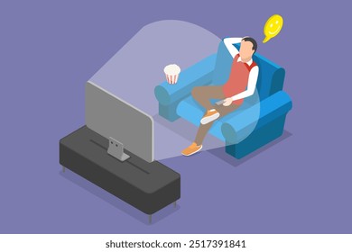 Ilustração de vetor plana isométrica 3D de assistir TV, mostrar desfrutar e relaxar no sofá
