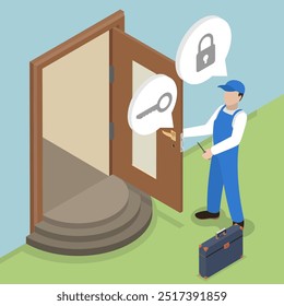 Ilustración vectorial plana isométrica 3D de la reparación de la cerrajería del Profesional, cerradura de puerta de la fijación con las herramientas especializadas