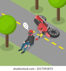 Ilustración vectorial plana isométrica 3D del accidente de la motocicleta, colisión de la motocicleta