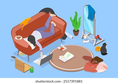 3D Isometric Flat Vector Illustration of Lazy Day, Enjoying Leisure and Relaxation, a Space for Unwinding