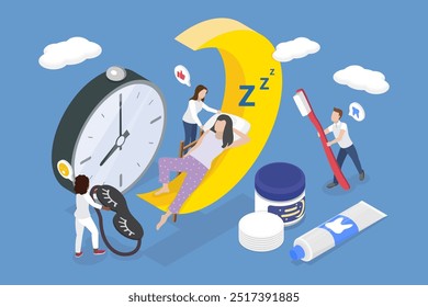 3D Isometric Flat Vector Illustration of Bedtime Routine, Nighttime Rituals for Better Sleep