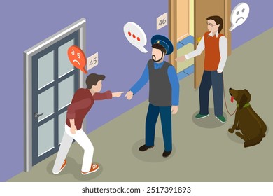 Ilustración vectorial plana isométrica 3D de vecino agresivo, disputa entre inquilinos vecinos
