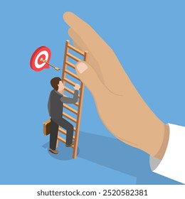 3D Isometric Flat Vector Illustration of Business Obstacle, Climbing Ladder to Beat Giant Hand Preventing Progress