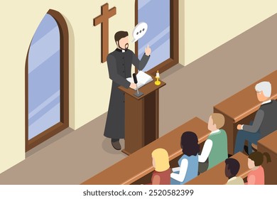 3D Isometric Flat Vector Illustration of Church Priest, Tradition Trust Faith and Orthodox Religion