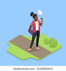 3D Isometric Flat Vector Illustration of Morning Refreshment, Woman Drinking Coffee