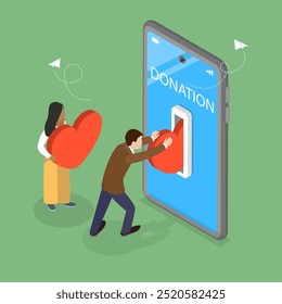 3D Isometric Flat Vector Illustration of Charity Donation, A Mobile Social App for Volunteer Work