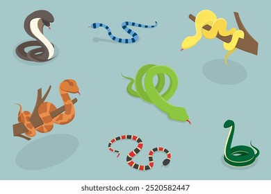 3D Isometric Flat Vector Illustration of Colorful Poisonous Snakes, Vivid Toxic Serpents