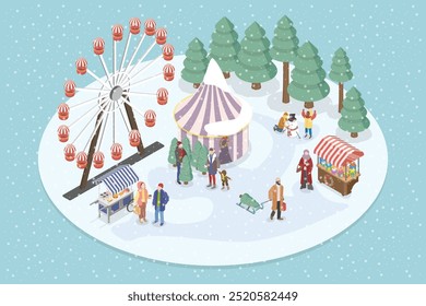 3D Isometric Flat Vector Illustration of Festival Market, Winter Wonderland Christmas Fest, in Amusement Park