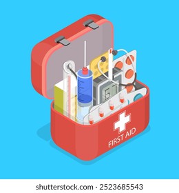 Ilustración vectorial plana isométrica 3D de primeros auxilios, kit médico de emergencia para la seguridad