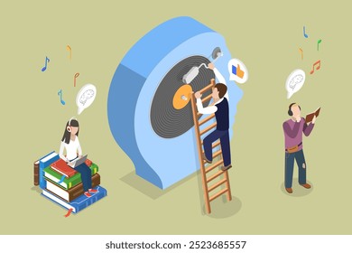 Ilustração de Vetor Plano Isométrica 3D de Melodia para Relaxar, Melhorando o foco com Melodias Acalmantes e Música Chill para Aumentar o Humor