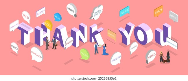 3D Isometric Flat Vector Illustration of Thank You, Lettering in Different Languages