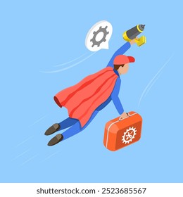 3D Isometric Flat Vector Illustration of Excellent Quality Service, Motivated Mechanic Soars as Superhero