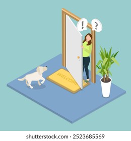 3D Isometric Flat Vector Illustration of Looking Out The Door, Character Gazing Through The Doorway