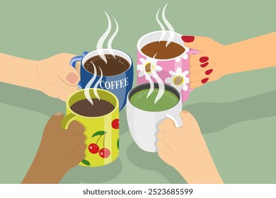 3D Isometric Flat Vector Illustration of Leisure Weekend, Enjoying Hot Drinks Together on Chilly Winter Evening