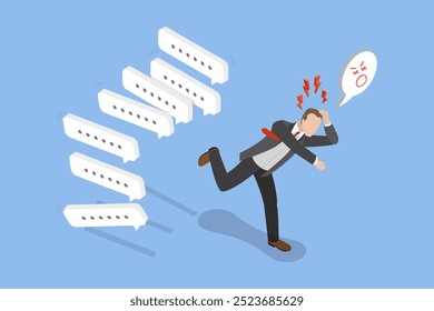 3D Isometric Flat Vector Illustration of Overload, Frustrated Businessman Escapes Communication Overload And Spam In Online Meetings.