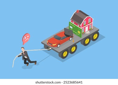 3D Isometric Flat Vector Illustration of Cost Of Living, Exhausted Businessman Managing Financial Burdens of Mortgage, Car Payment, Education Loan, and Credit Card