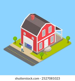 3D Isometric Flat Vector Illustration of House Garage, Man Watches As Garage Door Closing