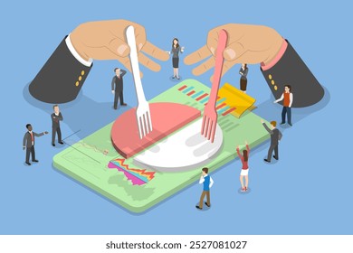3D Isometric Flat Vector Illustration of Capitalism, Sharing Pie Chart Profits With A Crowd Of People Around