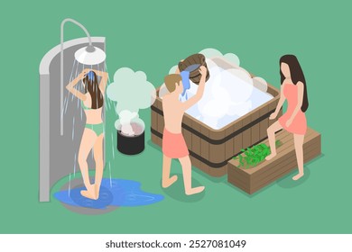 3D Isometric Flat Vector Illustration of Public Sauna, Wellness Spa Treatment