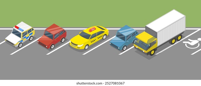 3D Isometric Flat Vector Illustration of Parking Lot, Angel Parked Vehicles