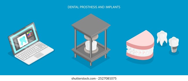 3D Isometric Flat Vector Illustration of Modern Dentistry, Advances In Medical 3D Printing For Dental Prosthetics And Implants