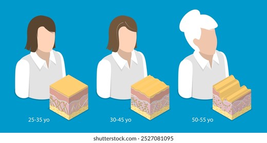 3D Isometric Flat Vector Illustration of Woman Of Difference Ages, Process Of Getting Older Over Time