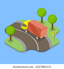3D Isometric Flat Vector Illustration of Truck Rollover Traffic Sign, Semi-Trailer In Danger Of Rollover On Curving Roadway