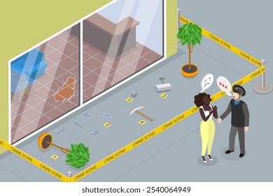 3D Isometric Flat Vector Illustration of Crime Scene, Store Robbery