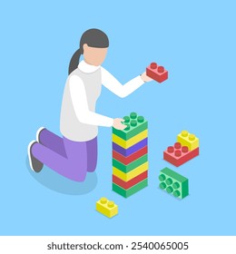 3D Isometric Flat Vector Illustration of Contrustion Blocks for Kids, Cheerful Little Girl Having Good Time