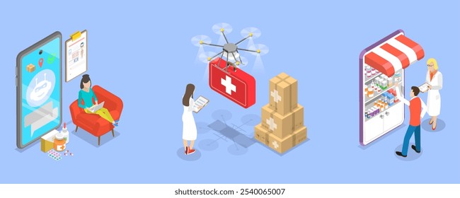 Ilustração de vetor plano isométrico 3D de serviços médicos, tecnologias de saúde