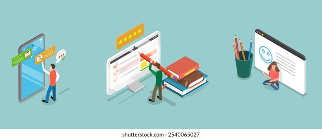 Ilustración vectorial plana isométrica 3D de Encuesta en línea, experiencias Clientes y satisfacción