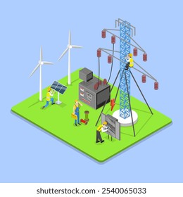 Ilustração de vetor plano isométrica 3D da manutenção de energia elétrica, serviços técnicos