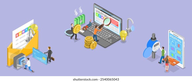 3D Isometrische Flat Vector Illustration von Utility Rechnungen Zahlung, Online-Shopping