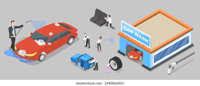 Ilustração de vetor plano isométrica 3D de auto lavagem de carro, serviço de limpeza de veículos