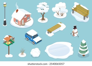 Ilustración vectorial plana isométrica 3D de la Colección de invierno, Elementos de la estación fría