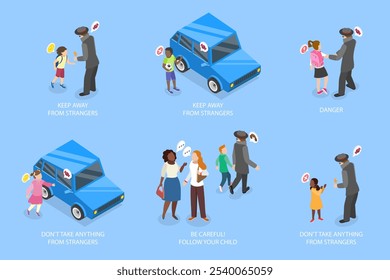 3D Isometric Flat Vector Illustration of Kidnapping Awareness For Children, How to Recognize Signs Of Potential Danger And Prevent Abduction